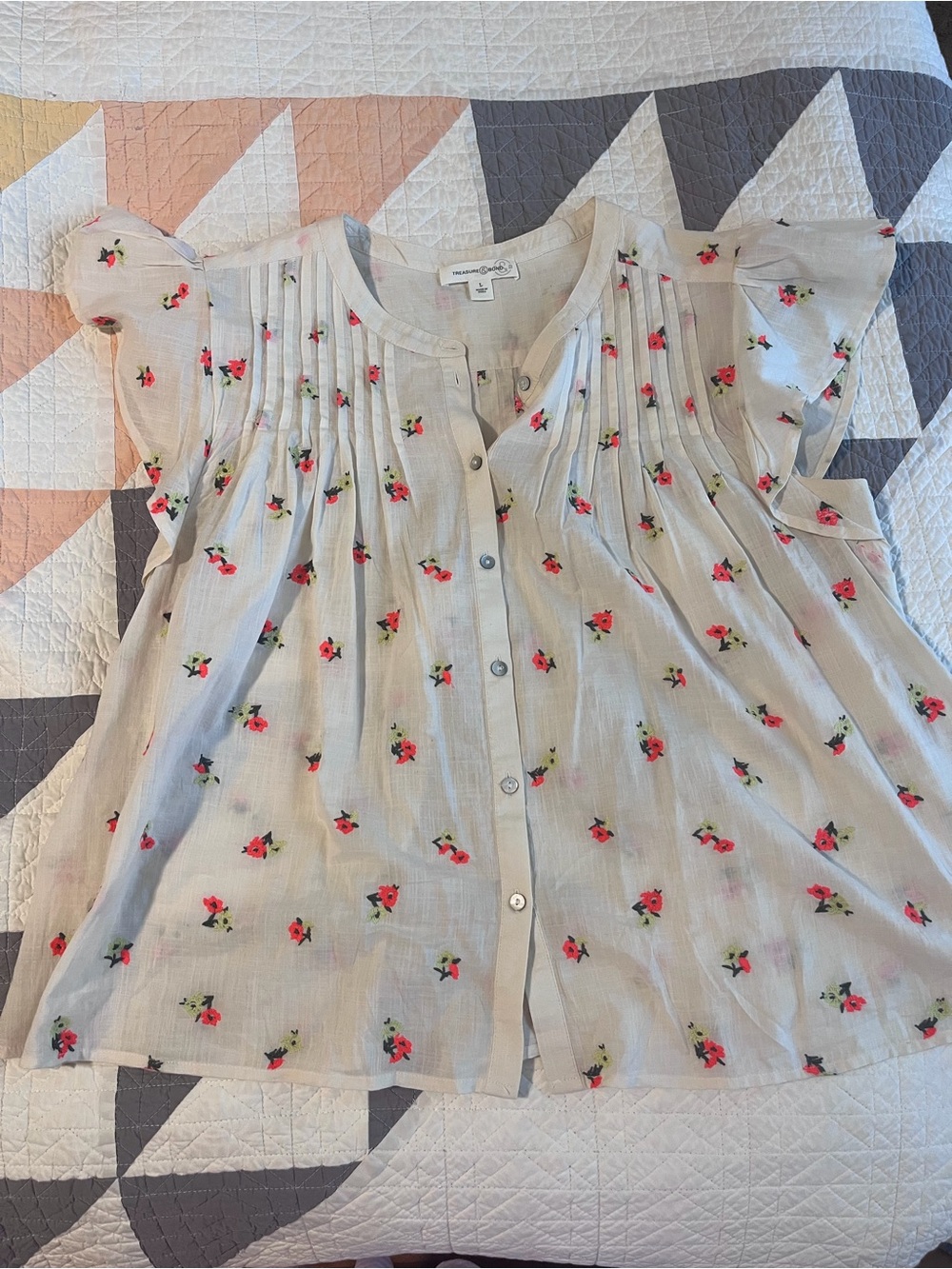 Floral Button Front Top with Flutter Sleeves